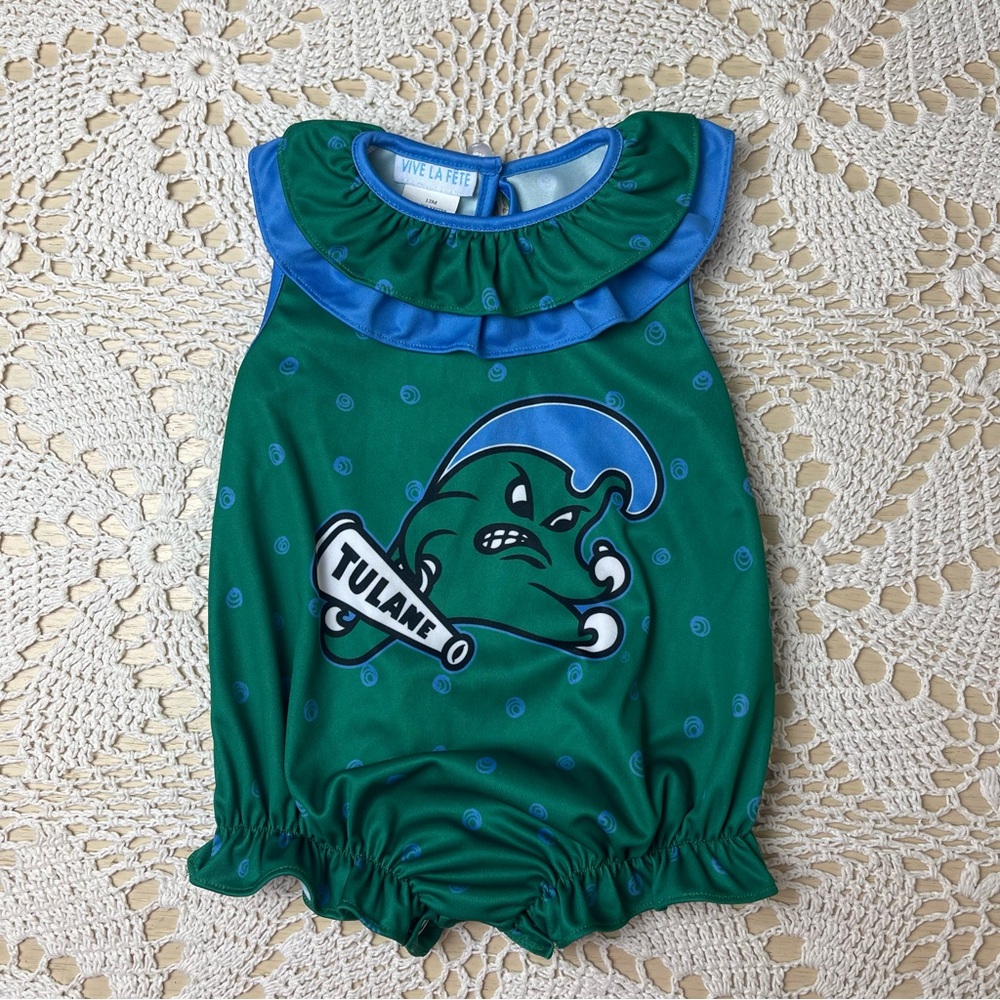 Vive La Fete Baby Girl 12 Months Tulane Green Wave Ruffle Bubble Romper